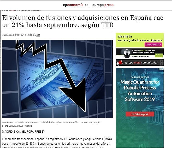 El volumen de fusiones y adquisiciones en Espaa cae un 21% hasta septiembre, segn TTR